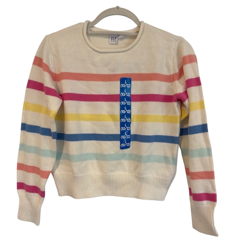 Gap Kids Girls White Rainbow Striped Cotton Spring Sweater L 10/12 GKSJF02X-168